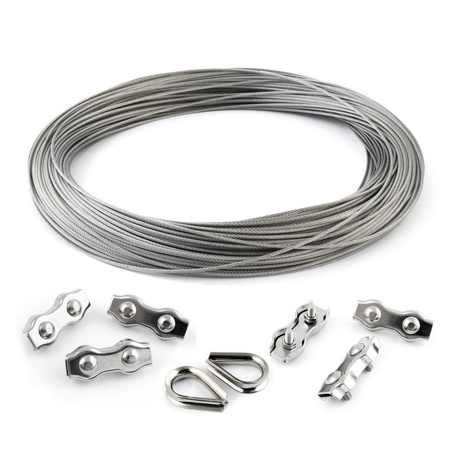 SET: Edelstahl Drahtseil 3mm 7x19 20m, Drahtseilklemme Duplex 6 Stk., Kausche 2 Stk.